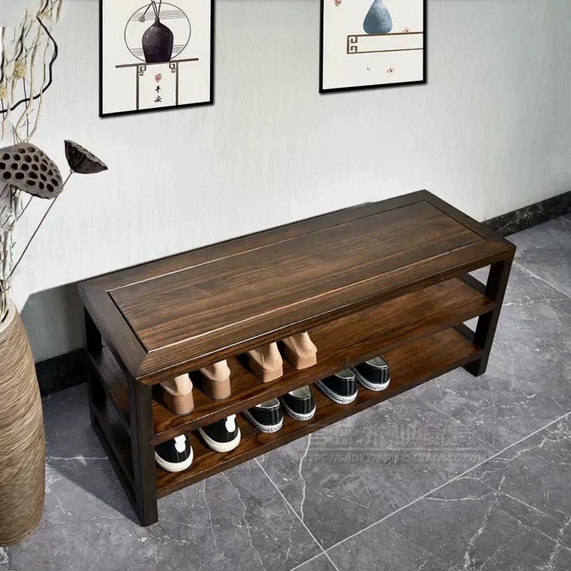 新中式实木换鞋凳家用门口鞋柜可坐穿鞋凳子入户玄关Y鞋架原木整