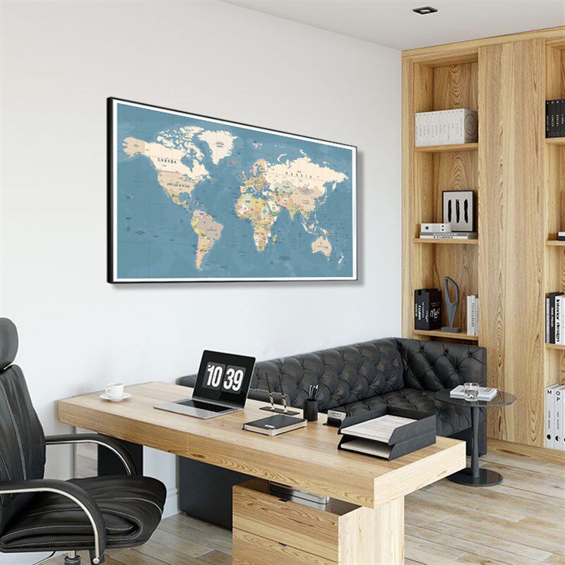 中英文世界地图客厅沙发背景墙装饰画办公室挂画书房壁画墙画
