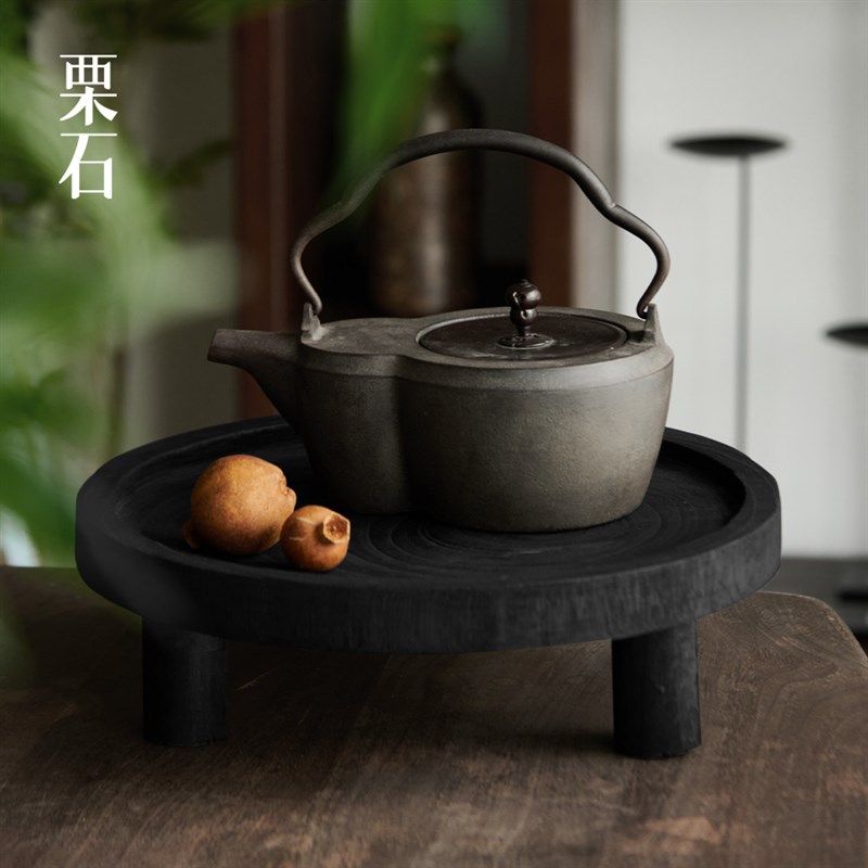 栗石复古新中式黑色碳化木圆形托盘摆件民宿茶室高级感干果盘茶台,家居饰品,装饰摆件,淘宝优惠券,粉丝福利购,淘宝优惠卷