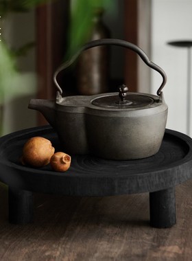 栗石复古新中式黑色碳化木圆形托盘摆件民宿茶室高级感干果盘茶台