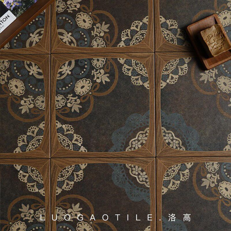 法式复古木纹花砖300哑光地砖中古风餐厅玄关民宿卫生间阳台瓷砖