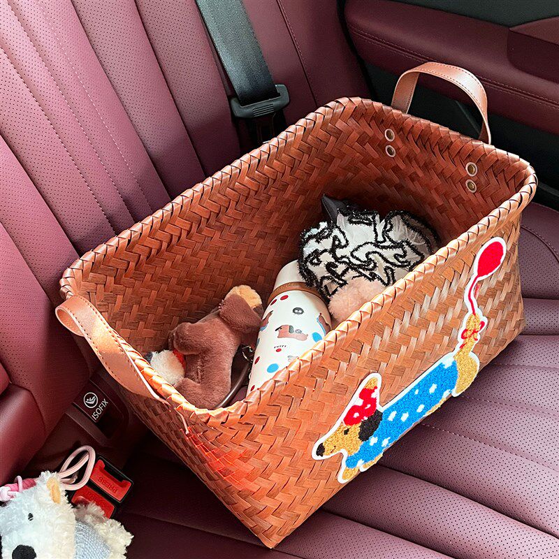汽车副驾驶收纳箱后备箱车载实用型大容量多功能彷藤编杂物收纳箱