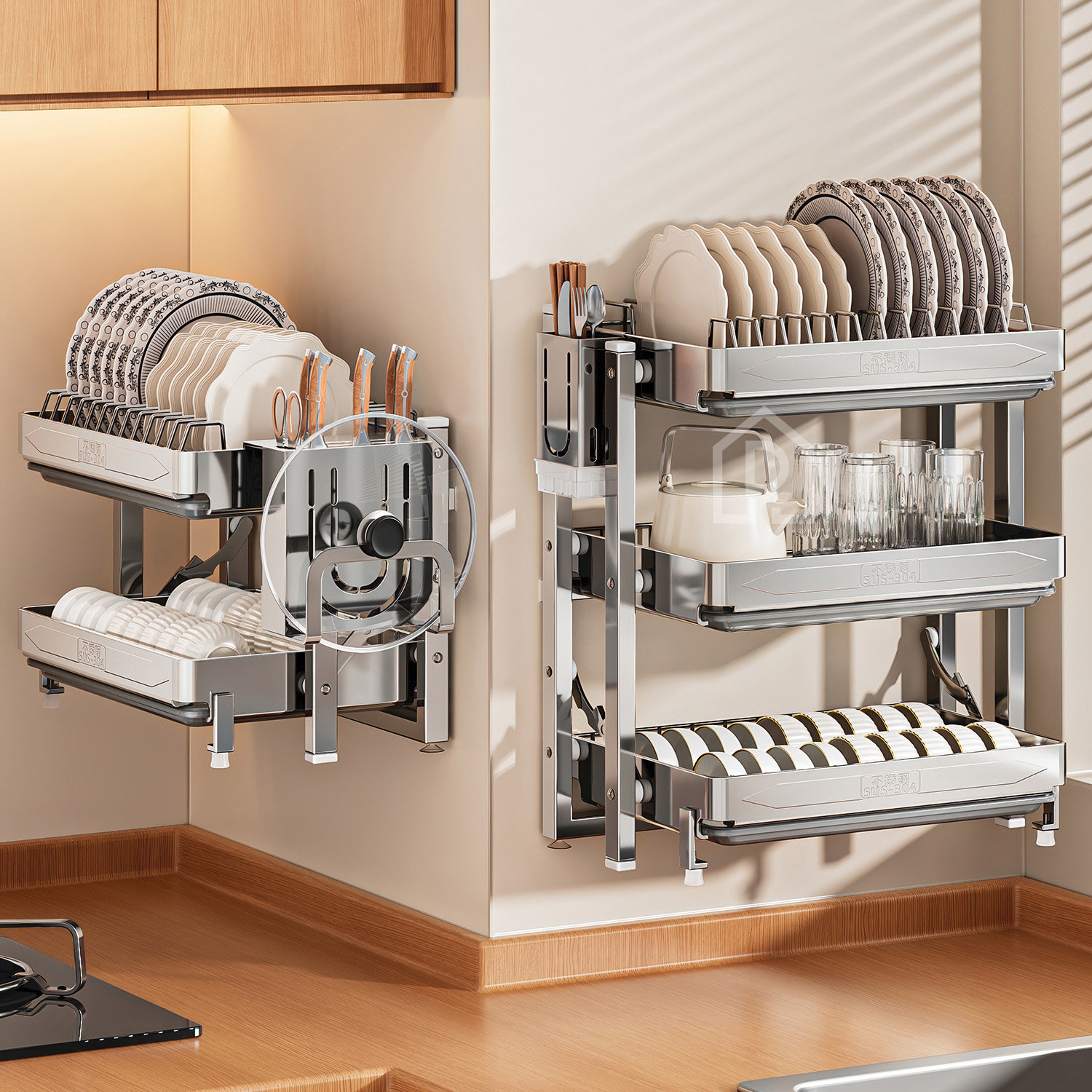 厨房不锈钢碗碟架壁挂式置物架免打孔碗柜放筷子碗盘子沥水收纳架