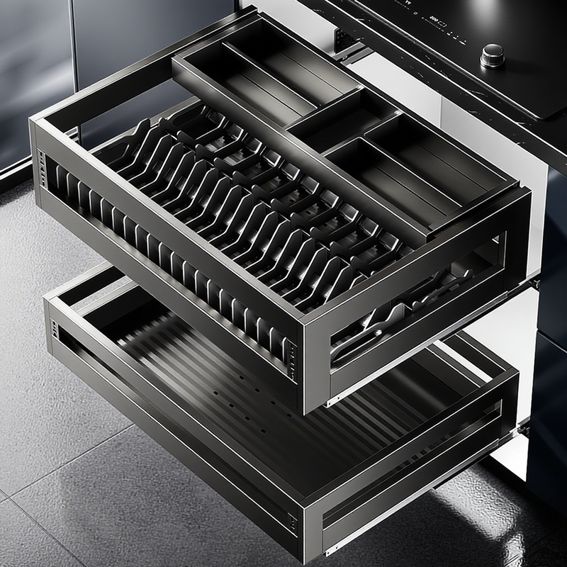 新款不锈钢双层抽拉篮收纳碗架