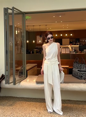 2025夏季新款简约时尚白色显瘦背心上衣女高腰松弛感休闲宽松长裤