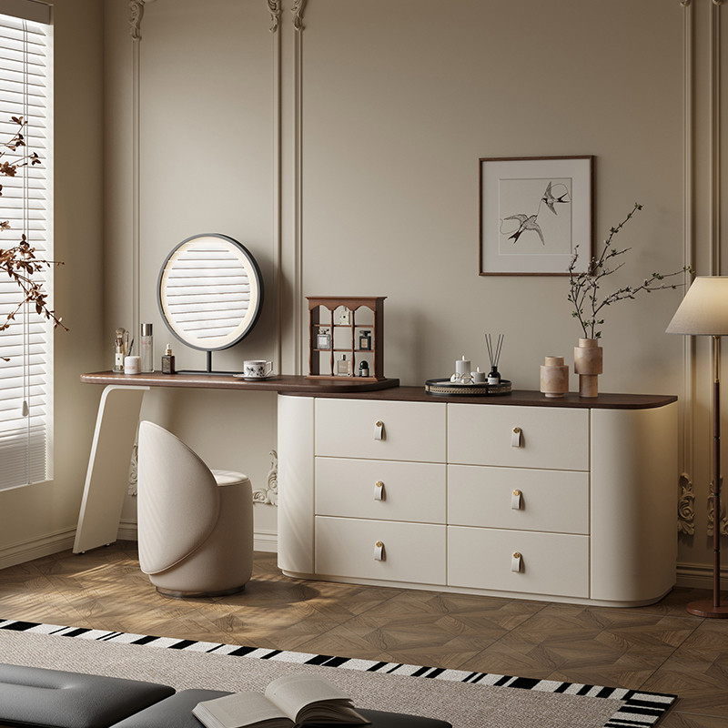 佰志王朝复古实木化妆桌卧室胡桃木马鞍皮中古床尾梳妆台斗柜一体