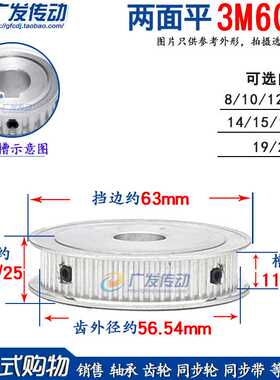 60齿两面平槽宽11/16/21同步带轮11AF型两面平同步轮内孔8-45mm