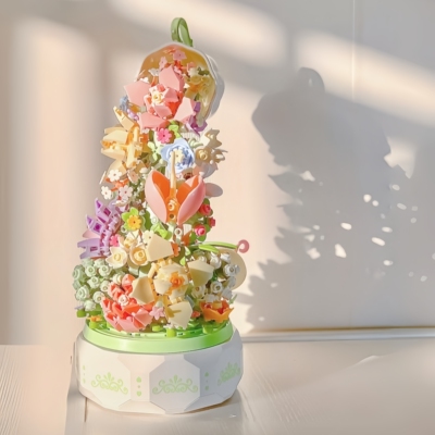 花颜茶语旋转灯光音乐盒永生玫瑰花拼装益智积木玩具摆件女孩