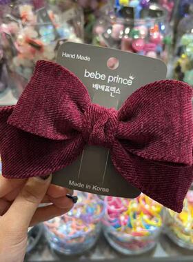 现~BebePrince韩国代购25秋冬儿童发饰绒布蝴蝶结大号鸭嘴夹顶夹