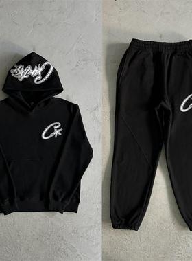 Corteiz 秋冬季时尚百搭黑色连帽衫慢跑长裤套装星星贴布潮高质量