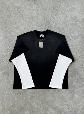 Mertra 秋季时尚流行水洗夹袖黑色长袖T恤潮流百搭宽松男女款上衣