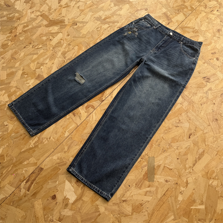 Derschutze  复古破洞刺绣牛仔裤男女宽松直筒长裤休闲百搭