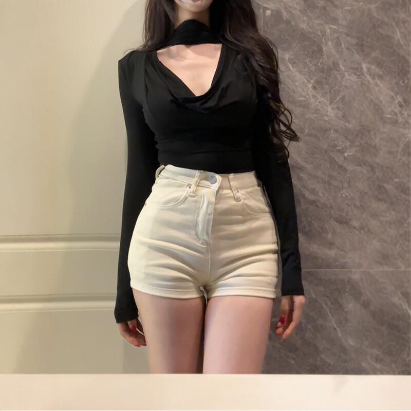 丰胯牛仔短裤女米白色2026夏季新款带胯垫紧身高腰包臀超短热裤子图片