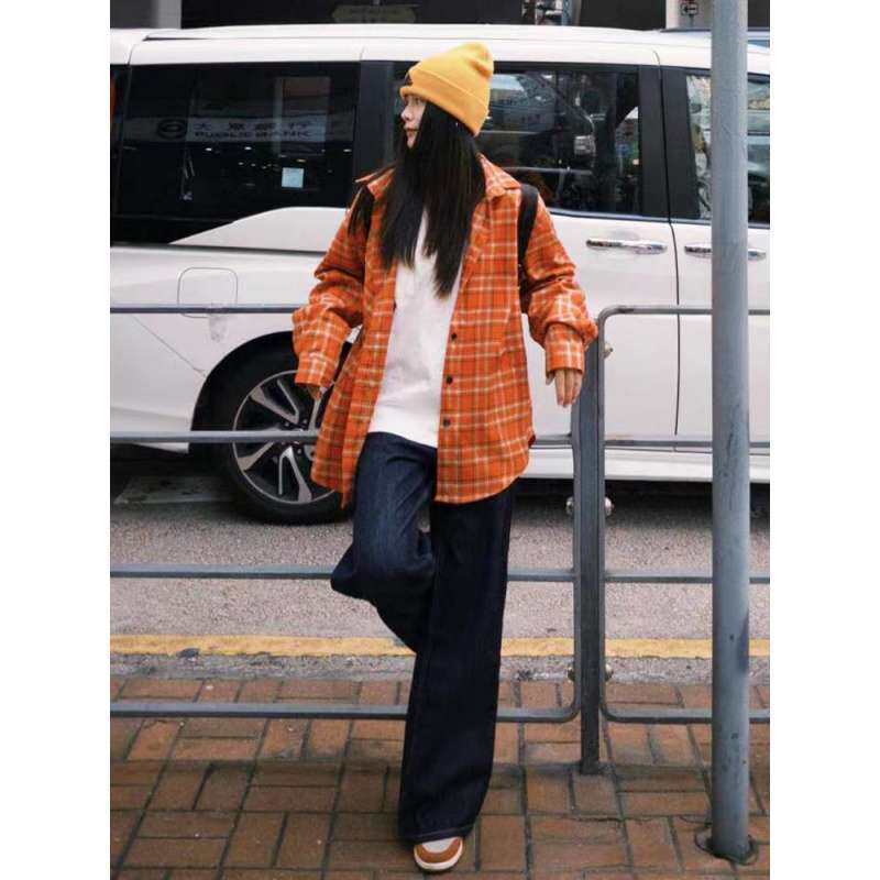 多巴胺美式格子衬衫女2026春polo领长袖防晒衬衣宽松休闲情侣外套