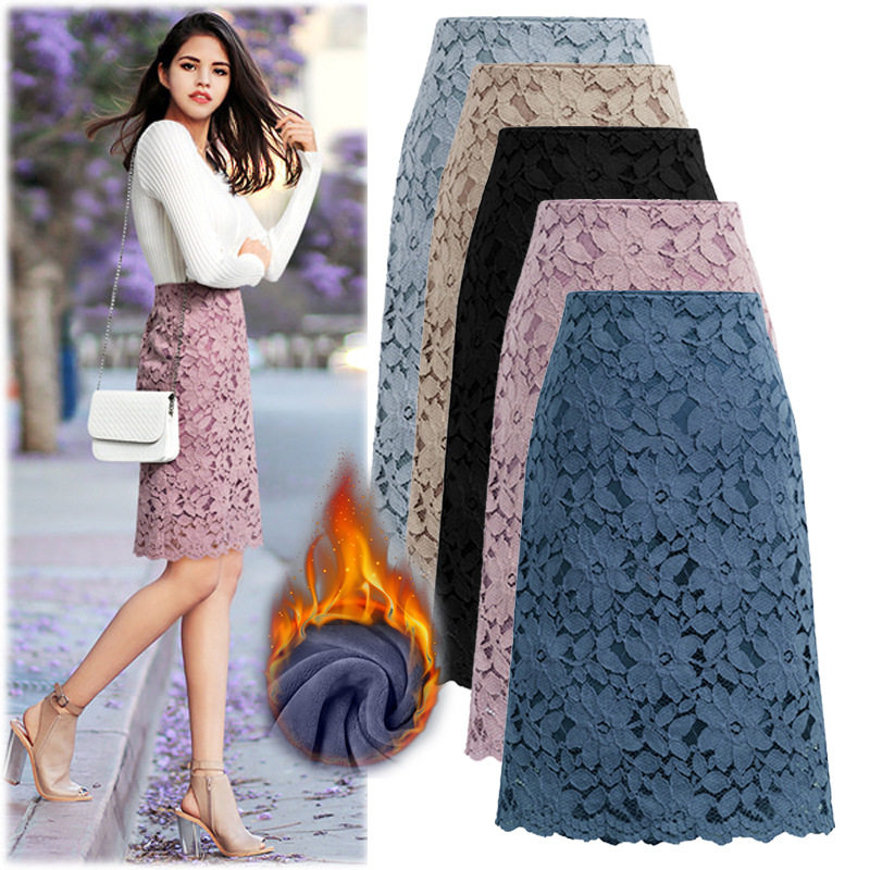 冬加绒加厚款大码半身女士裙显瘦蕾丝裙a字法式200斤裙中长包臀裙