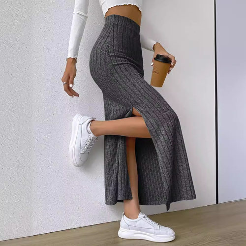 欧美美式亚马逊新2026新款高腰侧边开叉修身针织半身裙女时尚长裙
