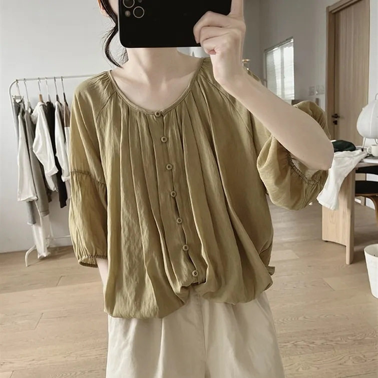 小众独特轻薄单排扣灯笼短袖衬衫女夏季新款纯色开衫透气小衫上衣图片