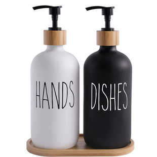 波士顿HANDS DISHES洗手液泵黑白色分装瓶木盖皂液器洗发水瓶玻璃