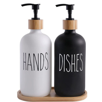 波士顿HANDS DISHES洗手液泵黑白色分装瓶木盖皂液器洗发水瓶玻璃