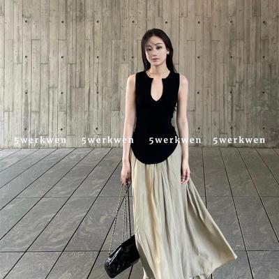 5werkwen rattan半身裙女夏季简约慵懒休闲宽松褶皱高腰遮胯长裙