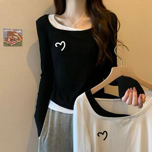 撞色高级感内搭大码 新款 胖mm巨显瘦上衣 T恤女2025春季 假两件长袖