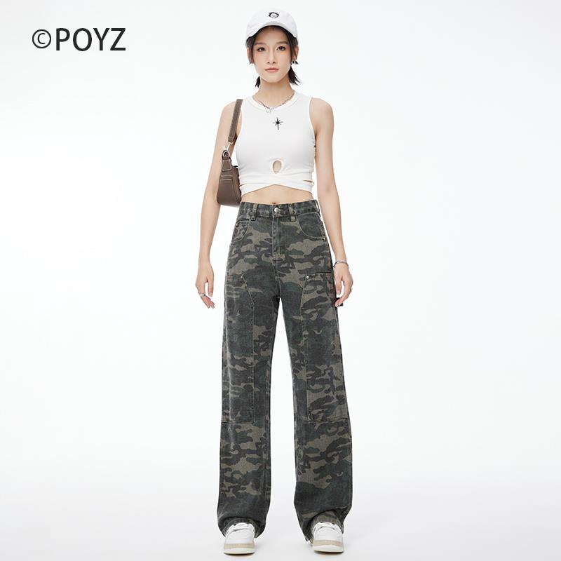POYZ美式复古迷彩工装裤女2023春上新街头嘻哈宽松阔腿牛仔休闲裤