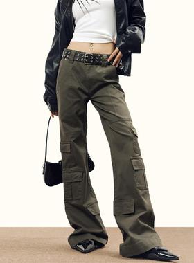 FORSCHE 美式复古多口袋低腰工装裤女修身显瘦辣妹拖地微喇叭裤