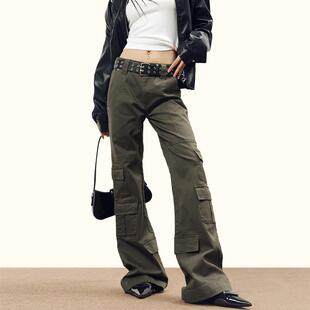 FORSCHE 美式复古多口袋低腰工装裤女修身显瘦辣妹拖地微喇叭裤