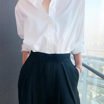 IACHOO 冷淡风宽松气质衬衫慵懒风 设计感纯棉法式白色衬衣长袖女