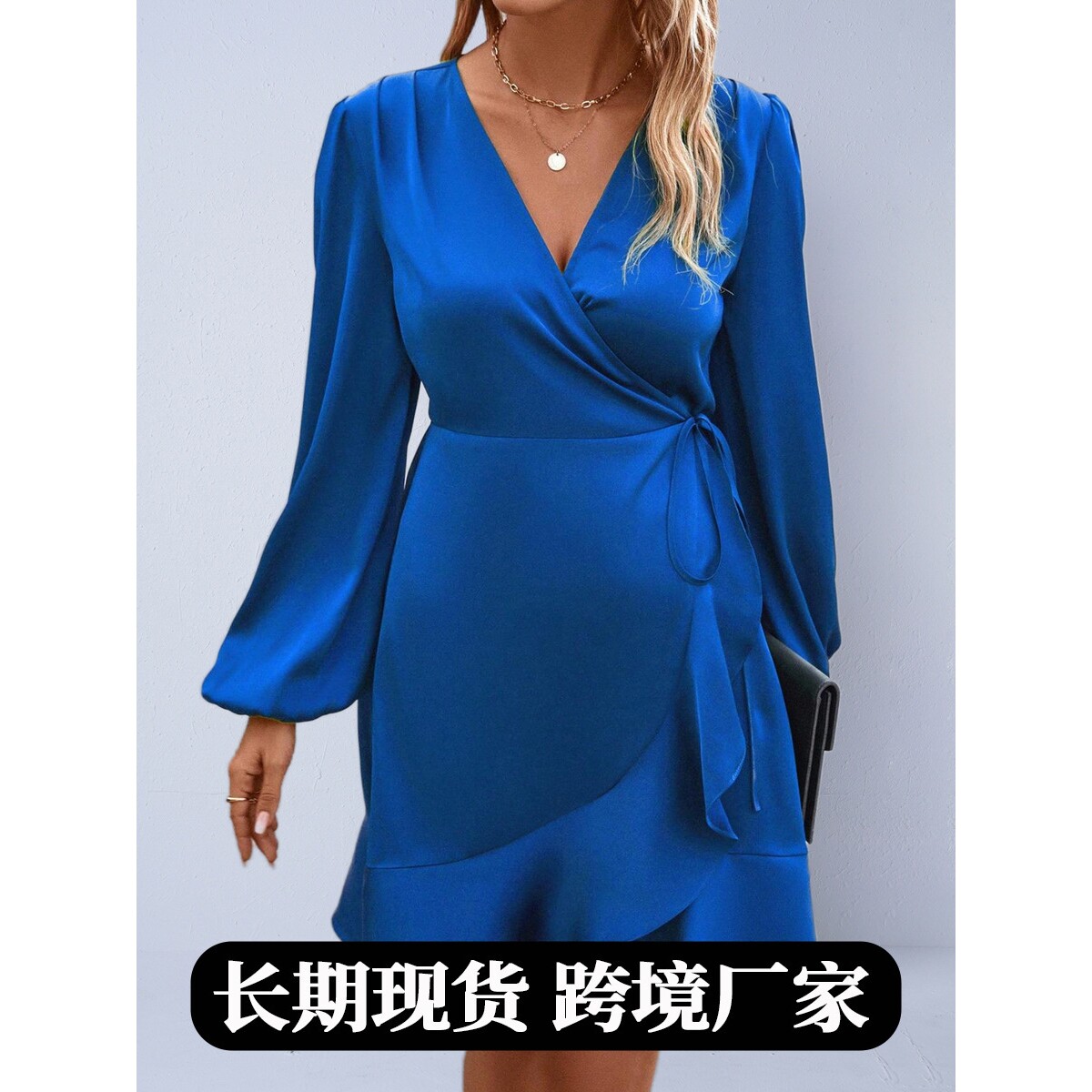 外贸欧美女装西装仿真丝连衣裙 秋色丁V领收腰低胸中长裙风裙子