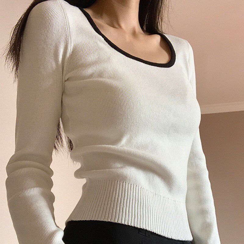 速发白色低领针织打底内初春薄款衫搭撞腰短款收色长袖上衣