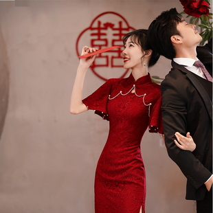 速发敬酒礼新娘秋款 小个子酒红服订婚连衣裙高考送考旗袍 回门便装