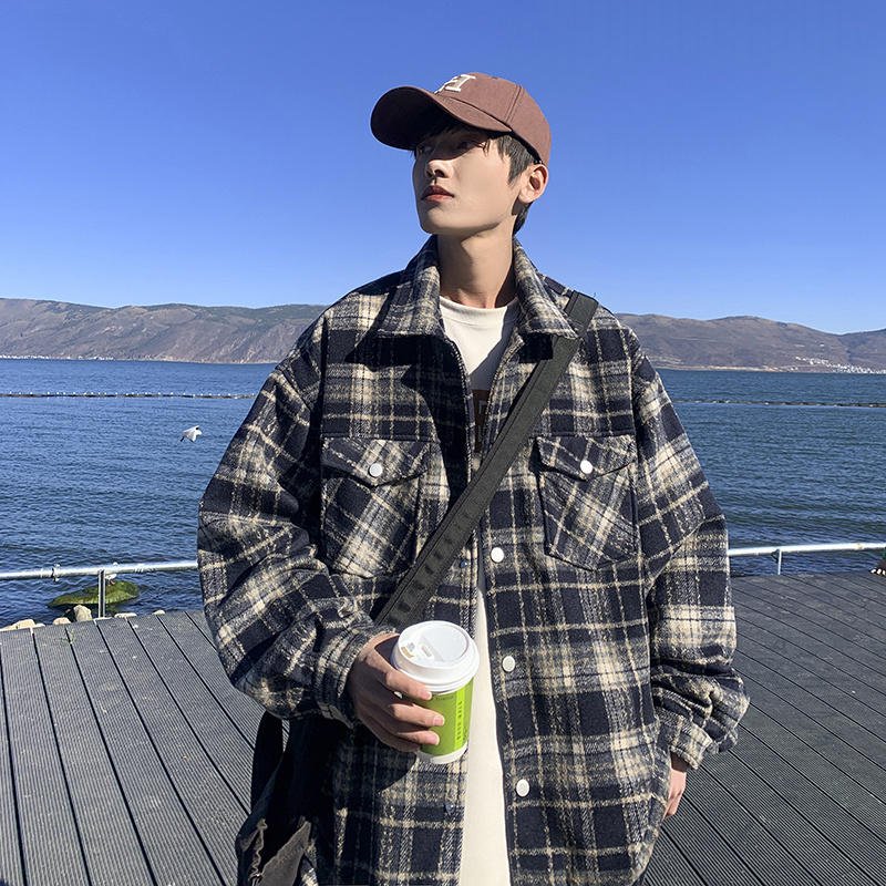 速发格子外闲男春宽松休套夹克格子计设感情侣衬衣