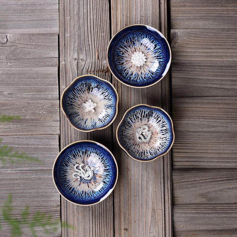 窑天目茗釉银鱼陶茶杯品茗杯镶银品杯单杯详咨询客变主人杯瓷茶盏