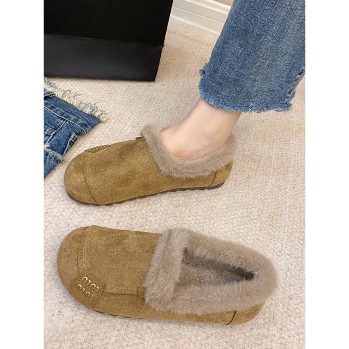 抖音网红同款秋冬季新款防滑一脚蹬棉鞋女平底加绒保暖复古豆豆鞋,女鞋,乐福鞋（豆豆鞋）,淘宝优惠券,粉丝福利购,淘宝优惠卷