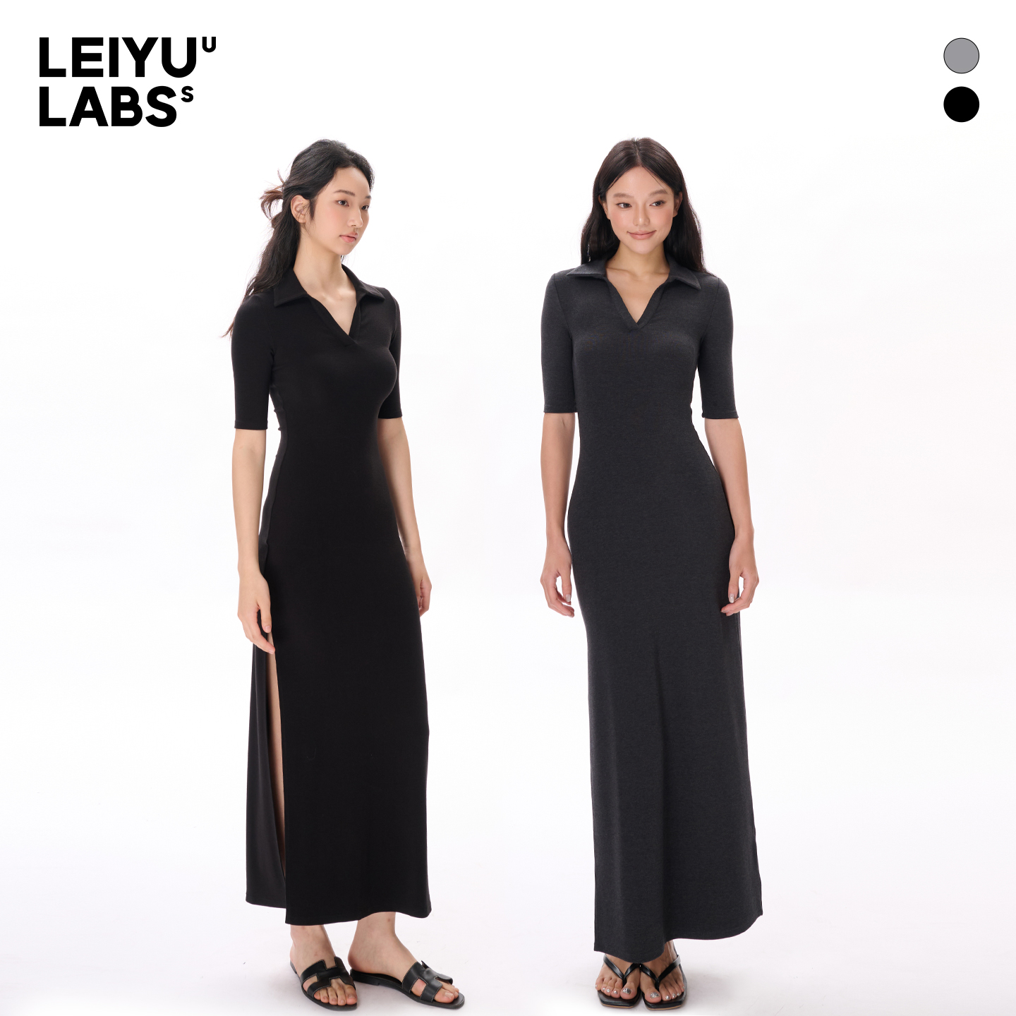 LEIYU LABS针织POLO领中袖连衣裙女秋2025年新款开叉高弹修身长裙