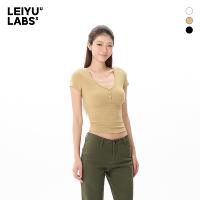 LEIYU LABS紧身针织V领短袖T恤女2025年夏季新款修身显瘦高弹上衣