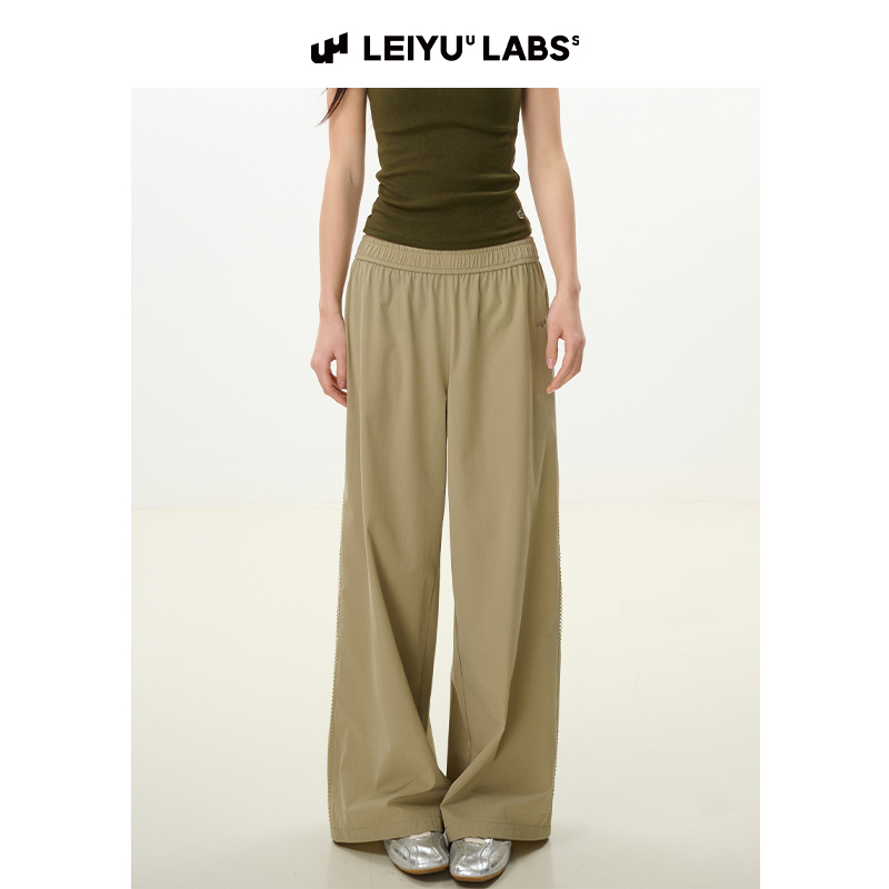 LEIYU LABS设计感拼接花边精致速干休闲裤女2025年宽松刺绣阔腿裤