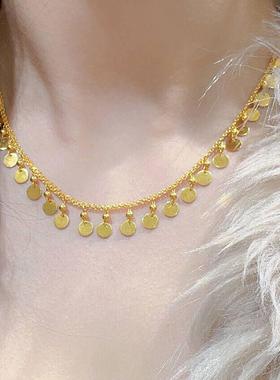 古法黄金色圆珠片项链女轻奢小众设计高级感流苏锁骨链情人节送女