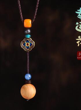 幸运花毛衣链简约长款景泰蓝四叶草项链崖柏编绳挂件配饰女款吊装