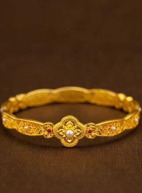 古法珐琅吉祥如意珍珠花丝黄金色手镯复古时尚轻奢高级感手镯手饰