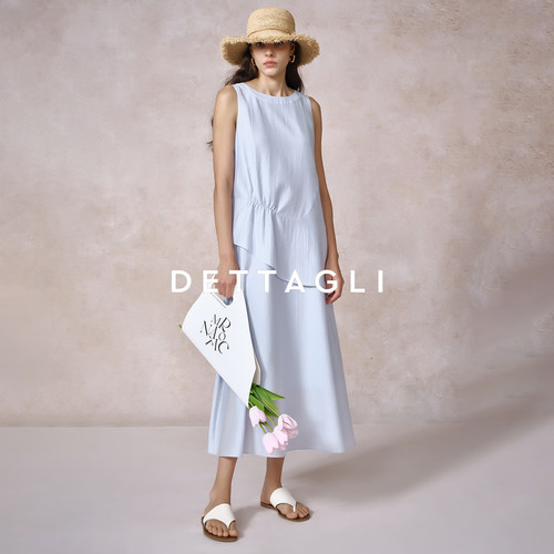 Dettagli/迪塔莉蓝色系不对称无袖长款休闲风抽褶法式连衣裙长裙