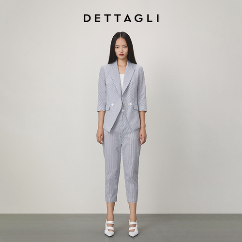 Dettagli/迪塔莉新款钟乳石条纹时髦收腰七分袖小西装女