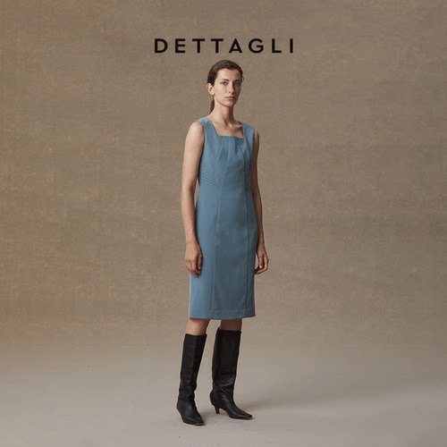 Dettagli收腰醋酸无领连衣裙