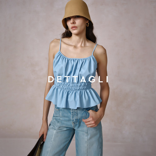 Dettagli/迪塔莉百搭休闲夏季蓝色系无袖抽褶褶皱吊带背心短上衣