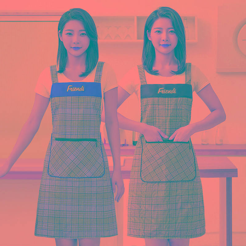 简约女时尚格子棉布围裙家用厨房做饭工作服透气上班耐脏背带围腰