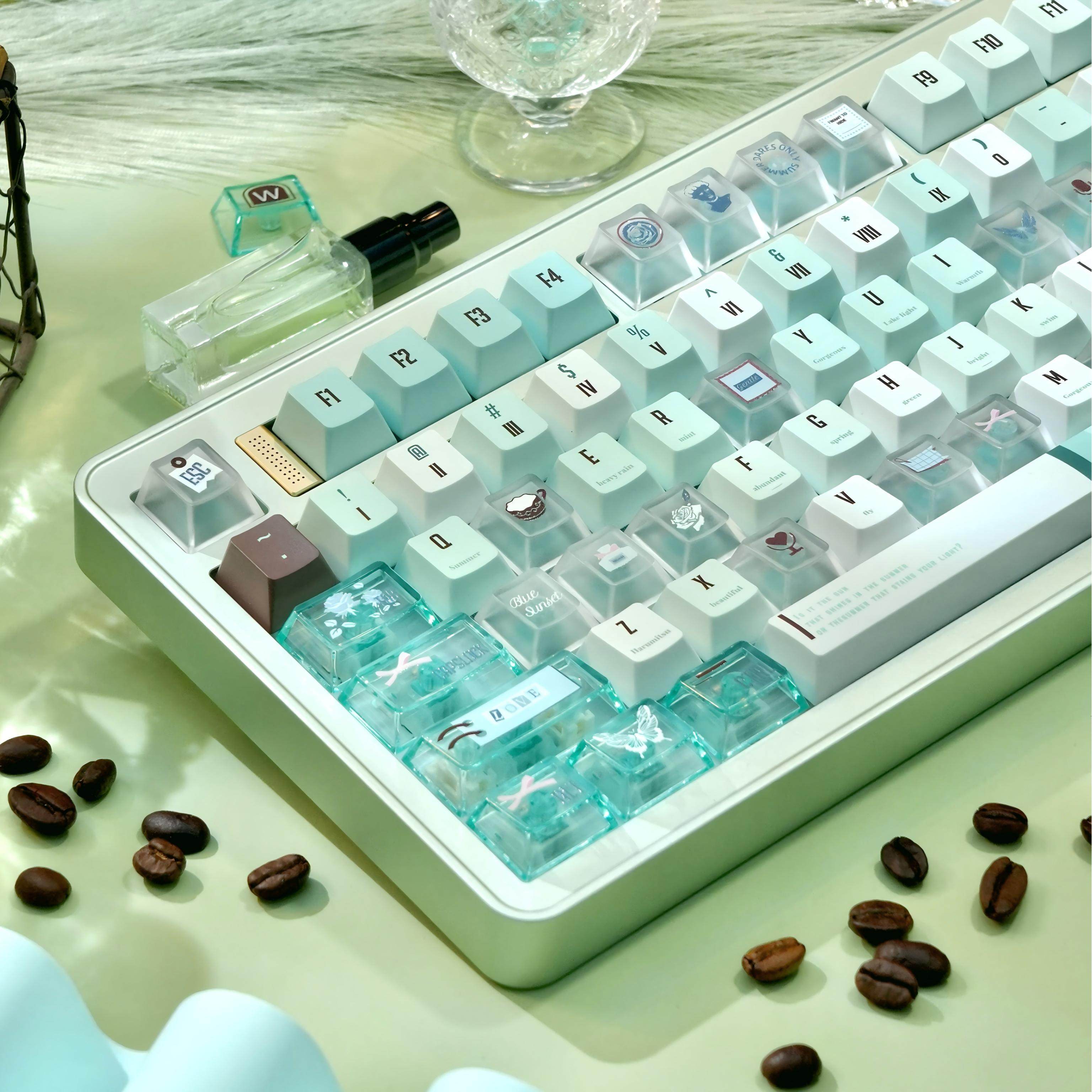 薄荷曼波键帽原厂PBT五面热升华机械键盘键帽绿色PC雾透键帽透明