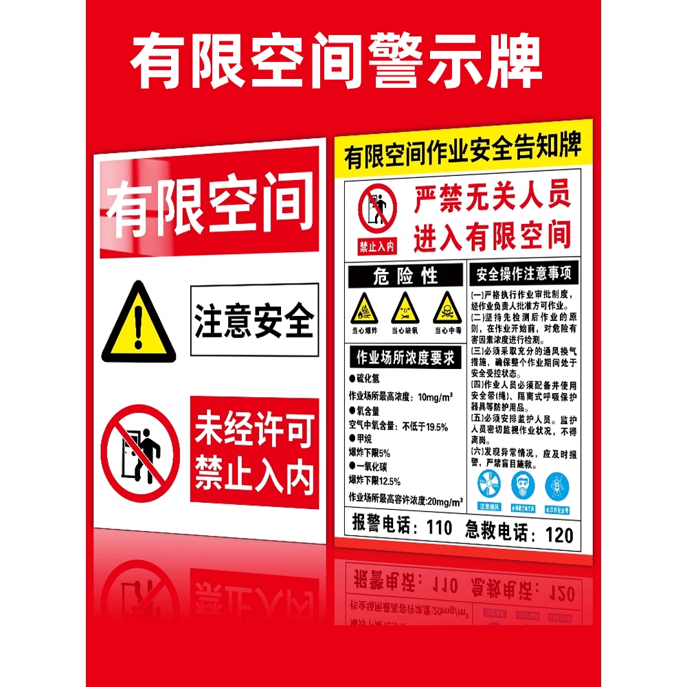 有限空间作业安全告知牌有限空间警示标识牌密闭空间标志受限空间