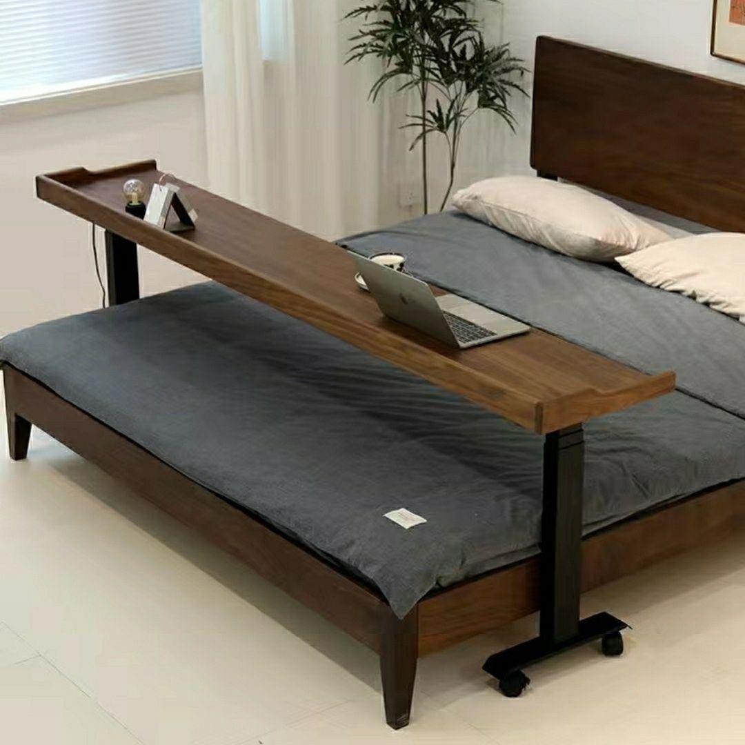 跨床黑胡桃木实木移动卧室简易床上书桌升降家用床边学习办公桌子