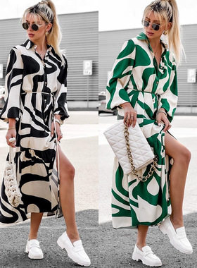 Printed casual pocket shirt dress女士印花休闲口袋衬衫连衣裙